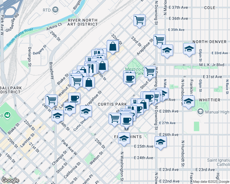 map of restaurants, bars, coffee shops, grocery stores, and more near 2890 Curtis Street in Denver