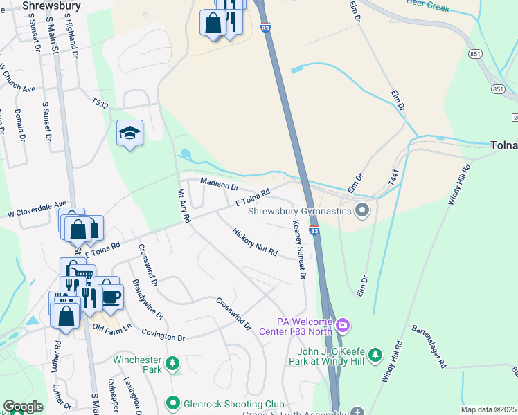 map of restaurants, bars, coffee shops, grocery stores, and more near 623 E Tolna Rd in Shrewsbury