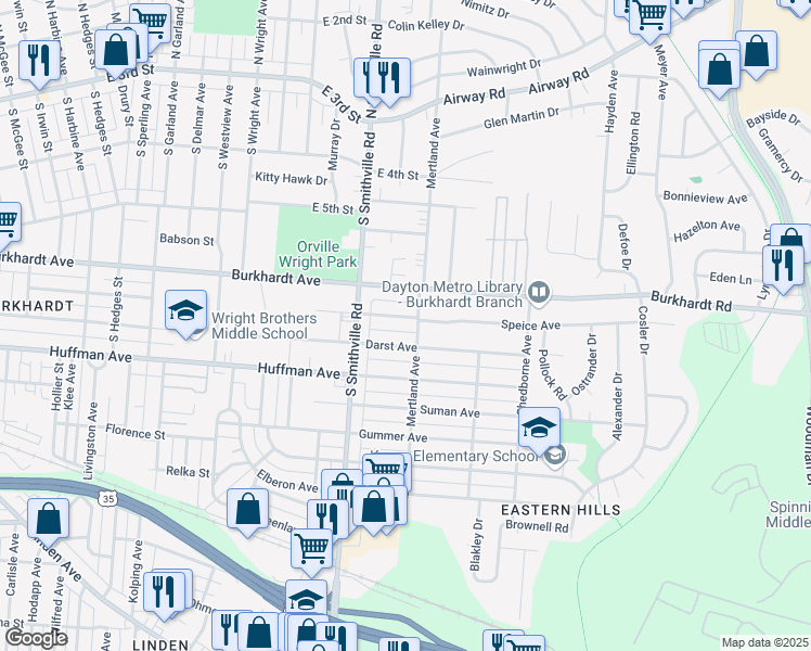 map of restaurants, bars, coffee shops, grocery stores, and more near 1654 Speice Ave in Dayton