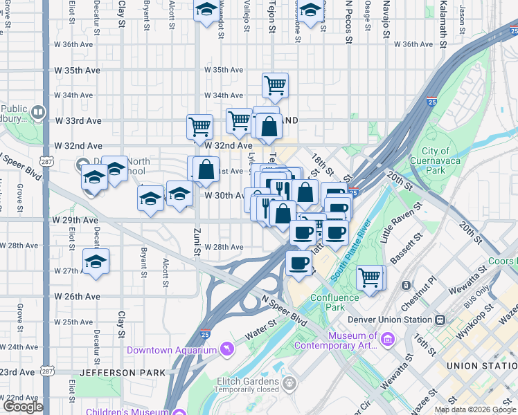 map of restaurants, bars, coffee shops, grocery stores, and more near 2925 15th Street in Denver