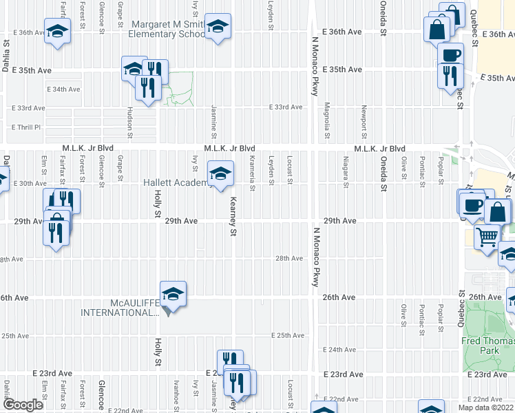 map of restaurants, bars, coffee shops, grocery stores, and more near 2936 Krameria Street in Denver