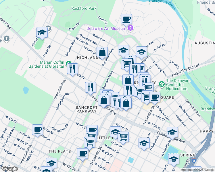 map of restaurants, bars, coffee shops, grocery stores, and more near 1402 North Bancroft Parkway in Wilmington