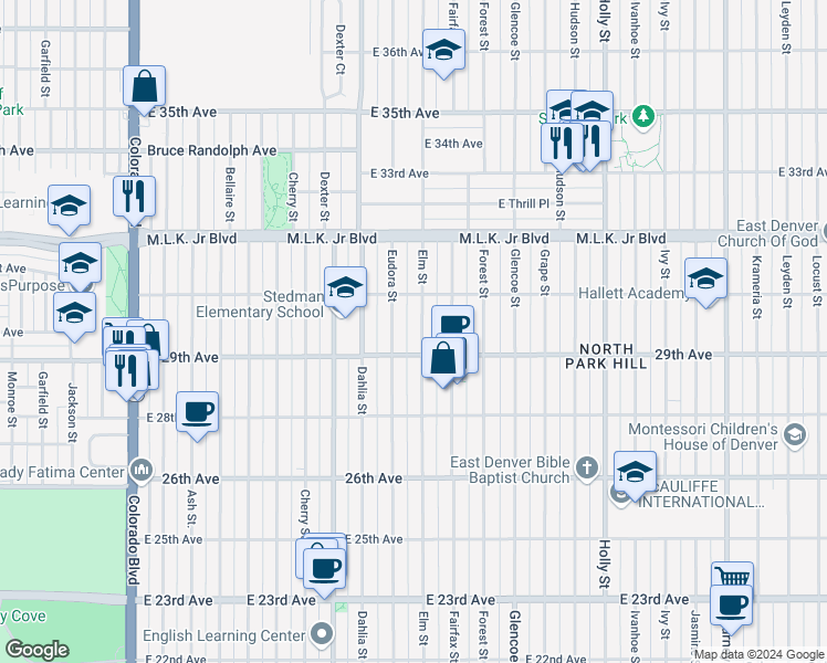 map of restaurants, bars, coffee shops, grocery stores, and more near 2933 Elm Street in Denver