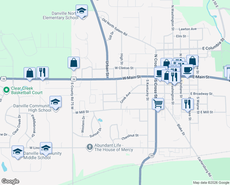 map of restaurants, bars, coffee shops, grocery stores, and more near 98 Bosstick Avenue in Danville