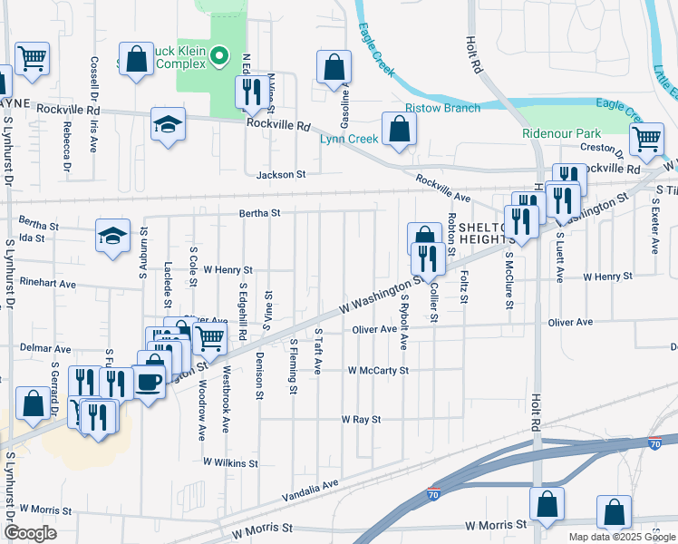 map of restaurants, bars, coffee shops, grocery stores, and more near 342 South Roena Street in Indianapolis