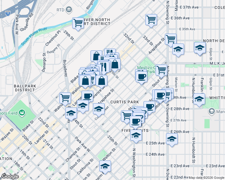 map of restaurants, bars, coffee shops, grocery stores, and more near 1100 28th St in Denver