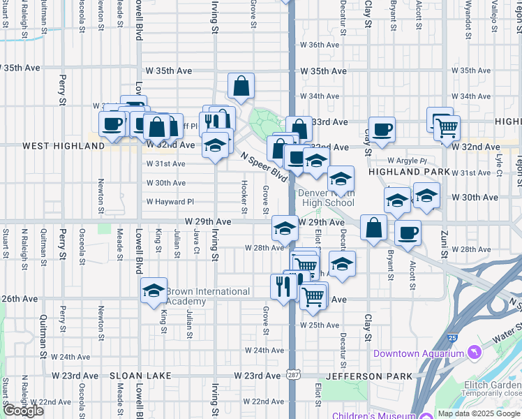 map of restaurants, bars, coffee shops, grocery stores, and more near 2925 Grove Street in Denver