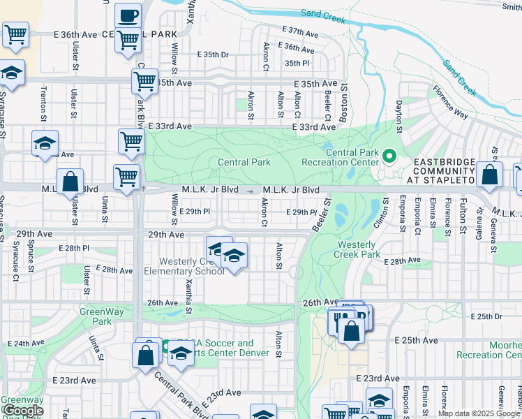map of restaurants, bars, coffee shops, grocery stores, and more near 2961 Akron Court in Denver