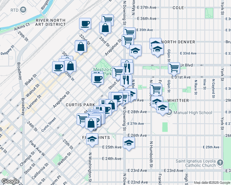 map of restaurants, bars, coffee shops, grocery stores, and more near 3051 California Street in Denver