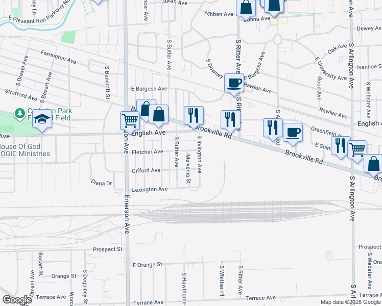 map of restaurants, bars, coffee shops, grocery stores, and more near 601 Melvenia Street in Indianapolis