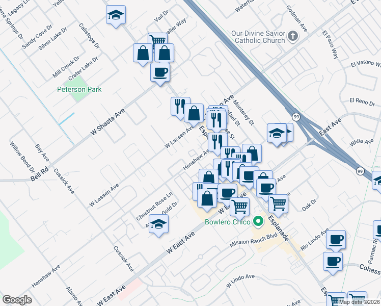 map of restaurants, bars, coffee shops, grocery stores, and more near 2781 Revere Lane in Chico