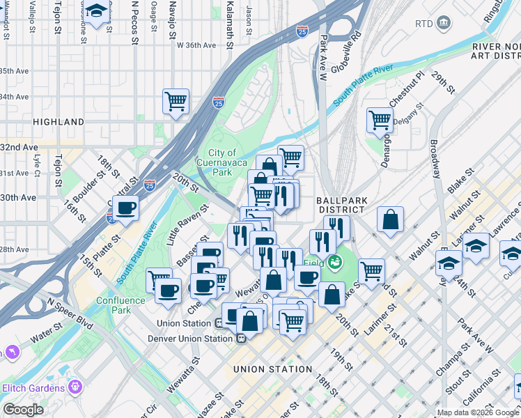map of restaurants, bars, coffee shops, grocery stores, and more near 2960 Inca Street in Denver