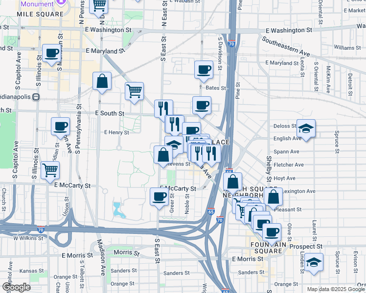 map of restaurants, bars, coffee shops, grocery stores, and more near 640 East Michigan Street in Indianapolis