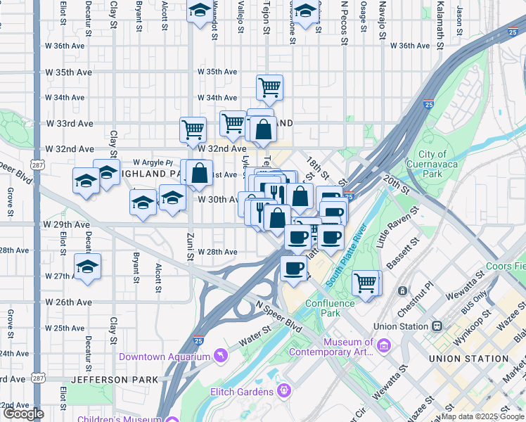 map of restaurants, bars, coffee shops, grocery stores, and more near in Denver