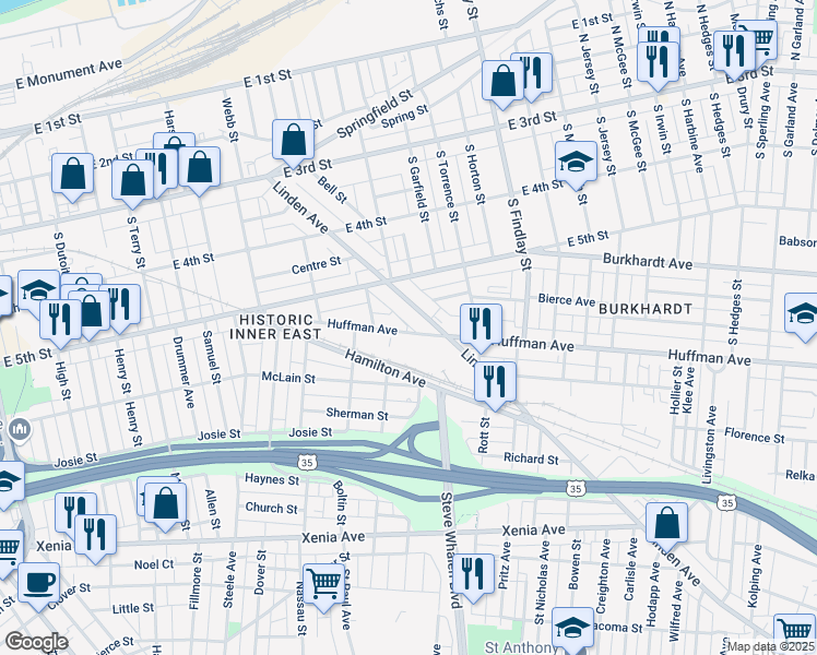 map of restaurants, bars, coffee shops, grocery stores, and more near 439 Huffman Avenue in Dayton