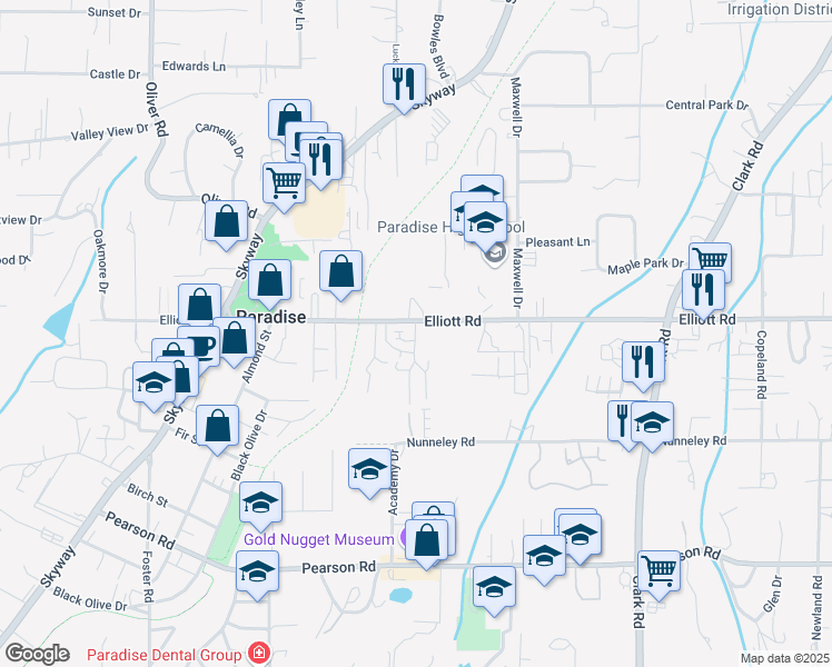 map of restaurants, bars, coffee shops, grocery stores, and more near 5931 Camino Lane in Paradise