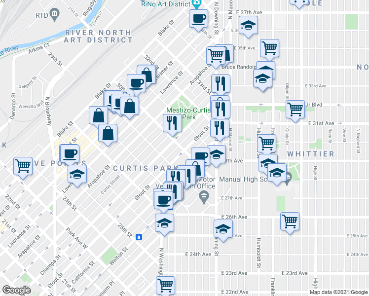map of restaurants, bars, coffee shops, grocery stores, and more near 3015 Stout Street in Denver