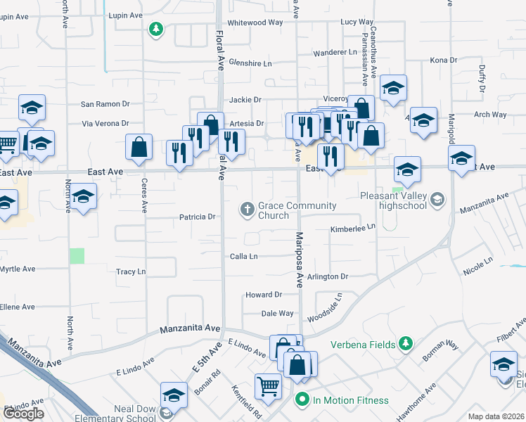 map of restaurants, bars, coffee shops, grocery stores, and more near 7 Jenny Way in Chico