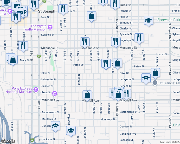 map of restaurants, bars, coffee shops, grocery stores, and more near 1721 Olive Street in Saint Joseph