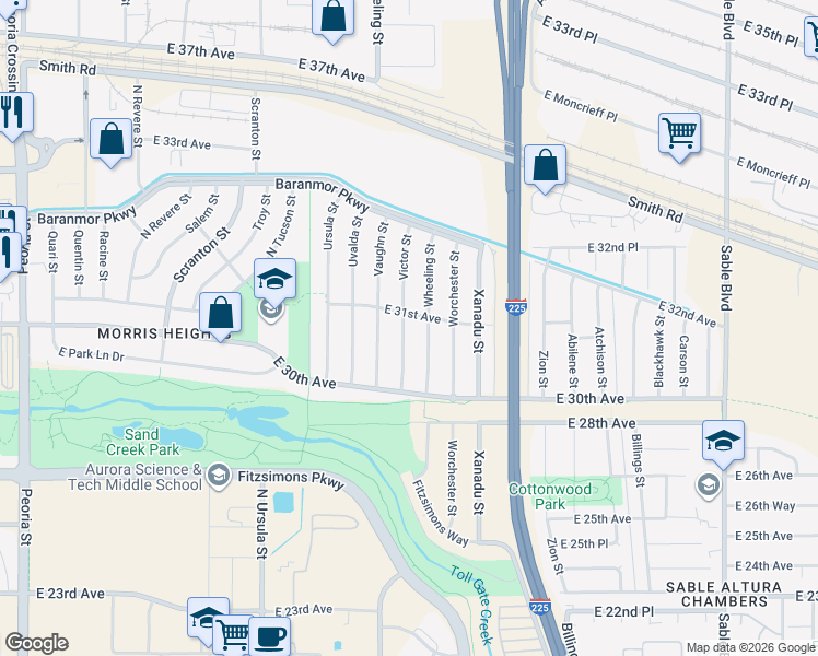 map of restaurants, bars, coffee shops, grocery stores, and more near 3078 Victor Street in Aurora