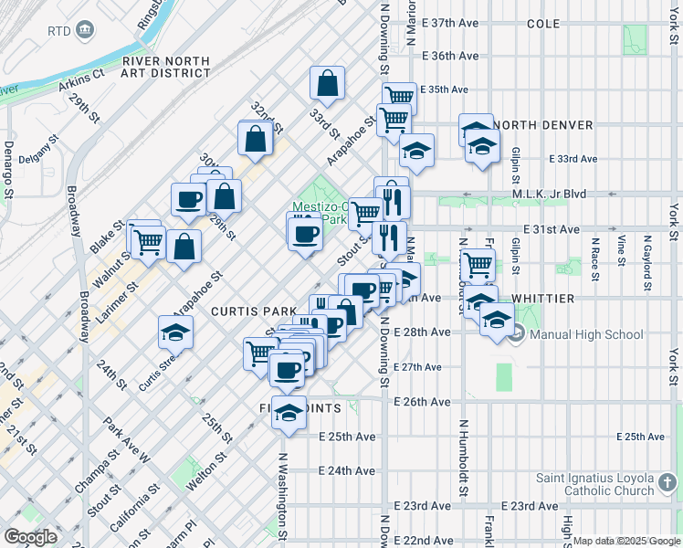 map of restaurants, bars, coffee shops, grocery stores, and more near 3015 Stout Street in Denver