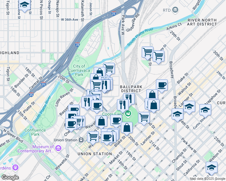 map of restaurants, bars, coffee shops, grocery stores, and more near 2925 Huron Street in Denver