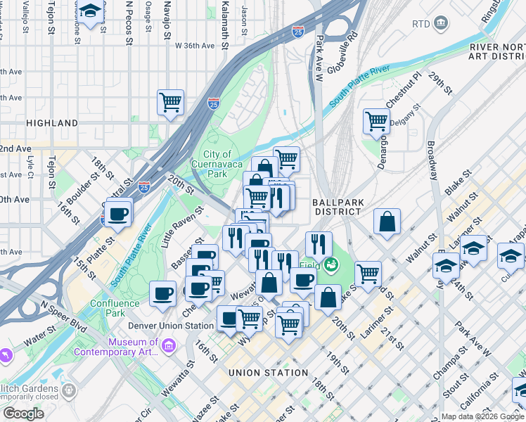 map of restaurants, bars, coffee shops, grocery stores, and more near in Denver