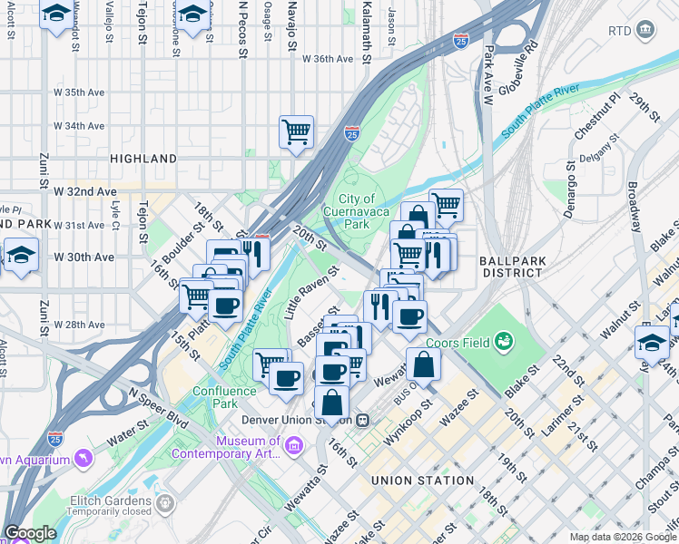 map of restaurants, bars, coffee shops, grocery stores, and more near 2135 19th Street in Denver