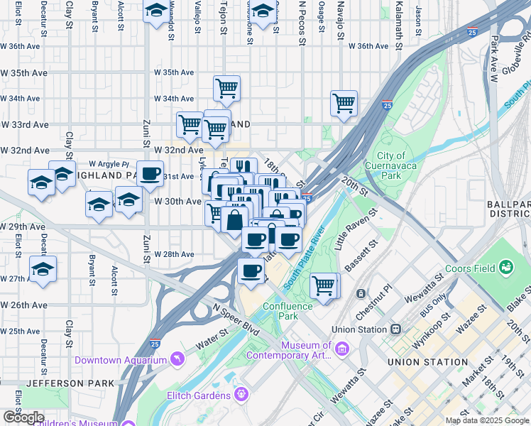 map of restaurants, bars, coffee shops, grocery stores, and more near 2510 Kensing Court in Denver
