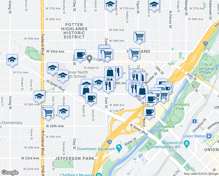 map of restaurants, bars, coffee shops, grocery stores, and more near 2933 Wyandot Street in Denver