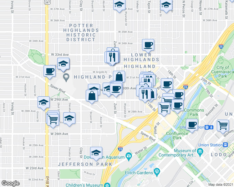 map of restaurants, bars, coffee shops, grocery stores, and more near 2925 Wyandot Street in Denver