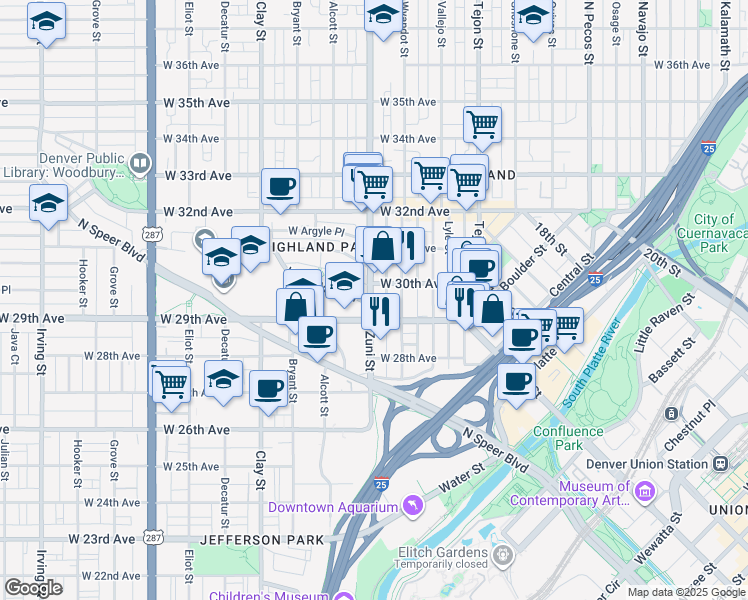map of restaurants, bars, coffee shops, grocery stores, and more near 2933 Wyandot Street in Denver
