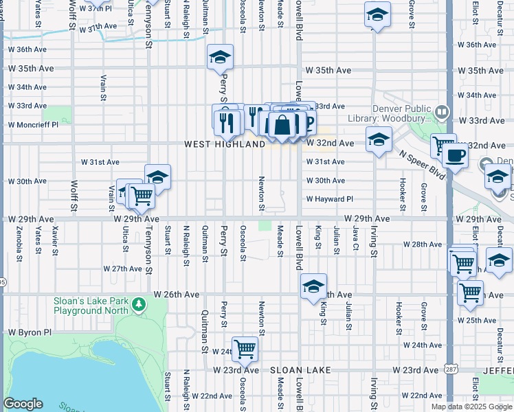 map of restaurants, bars, coffee shops, grocery stores, and more near 2921 Newton Street in Denver