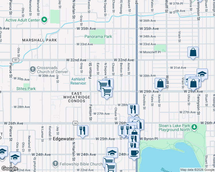 map of restaurants, bars, coffee shops, grocery stores, and more near in Wheat Ridge
