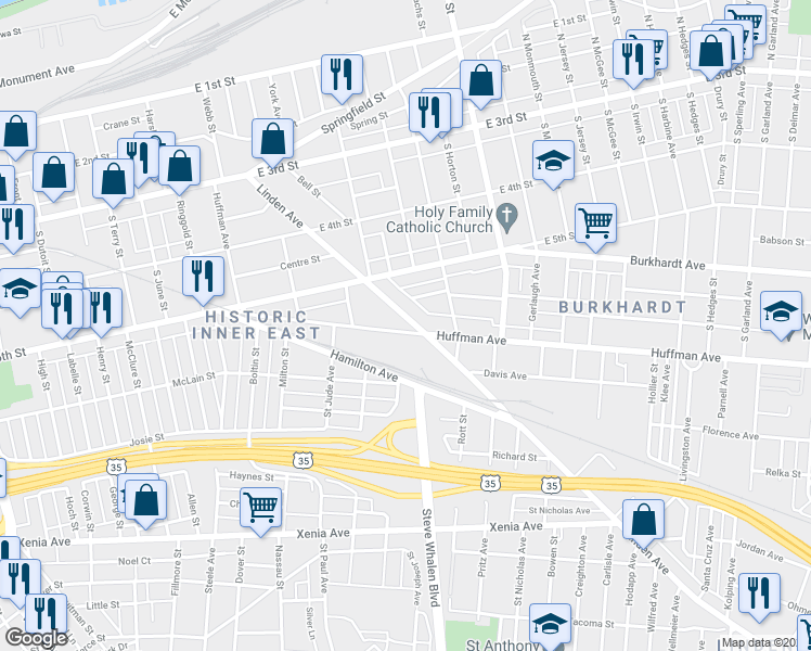 map of restaurants, bars, coffee shops, grocery stores, and more near 439 Huffman Avenue in Dayton