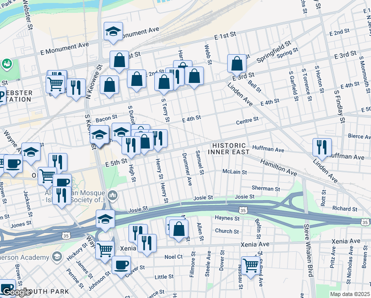 map of restaurants, bars, coffee shops, grocery stores, and more near 1808 East 5th Street in Dayton