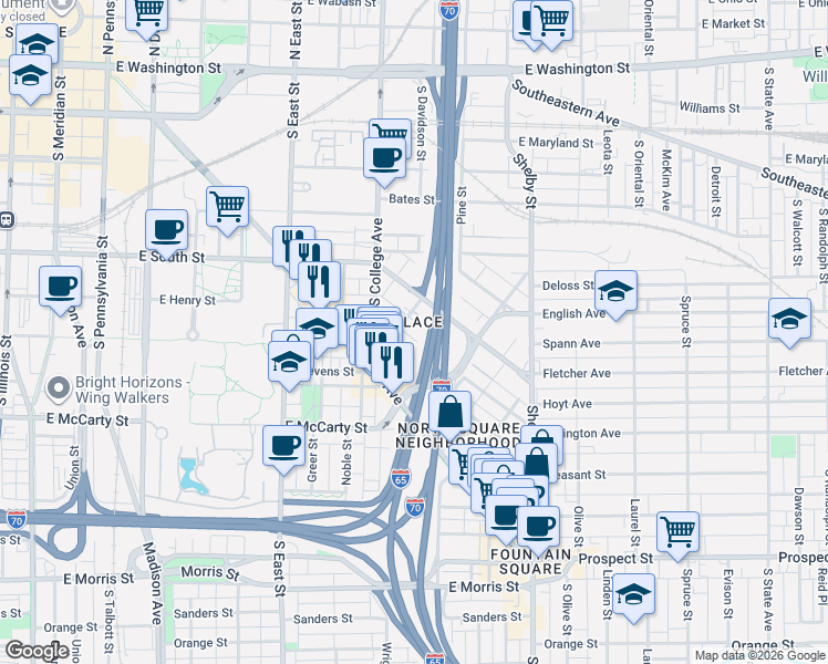 map of restaurants, bars, coffee shops, grocery stores, and more near 735 Lexington Avenue in Indianapolis