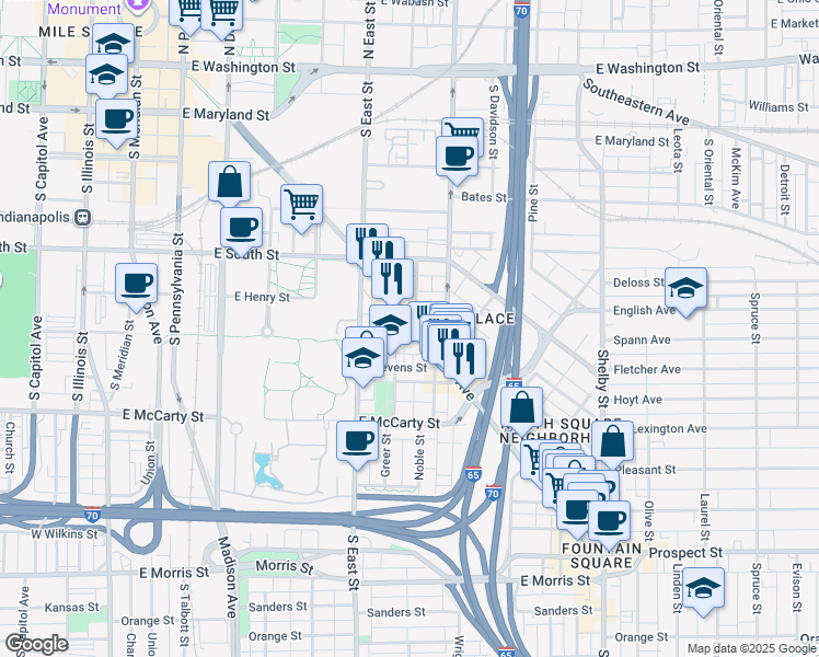 map of restaurants, bars, coffee shops, grocery stores, and more near 546 East Merrill Street in Indianapolis