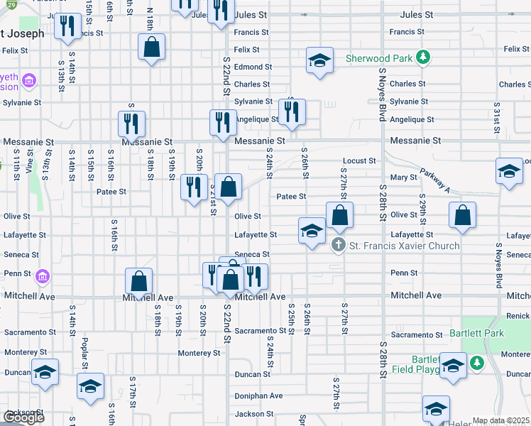 map of restaurants, bars, coffee shops, grocery stores, and more near 826 South 24th Street in Saint Joseph