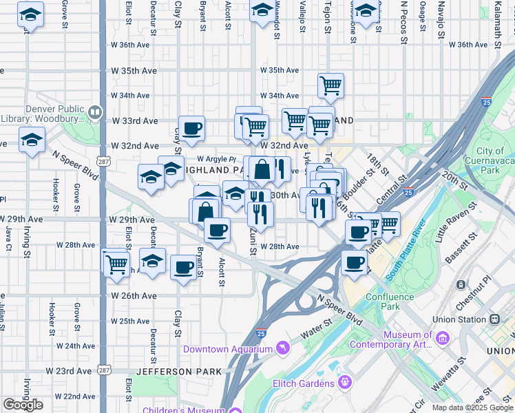 map of restaurants, bars, coffee shops, grocery stores, and more near 2926 Zuni Street in Denver
