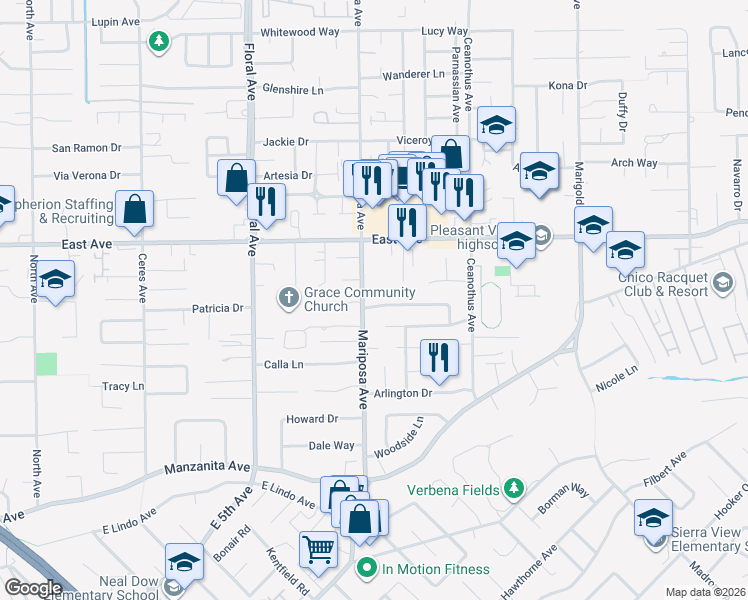 map of restaurants, bars, coffee shops, grocery stores, and more near 1352 Keri Lane in Chico