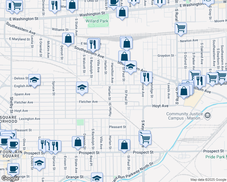 map of restaurants, bars, coffee shops, grocery stores, and more near 2114 Spann Avenue in Indianapolis