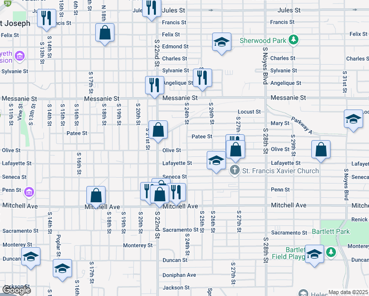 map of restaurants, bars, coffee shops, grocery stores, and more near 826 South 24th Street in Saint Joseph