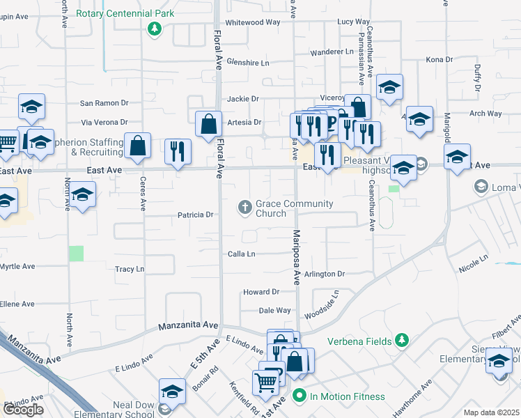 map of restaurants, bars, coffee shops, grocery stores, and more near 7 Jenny Way in Chico