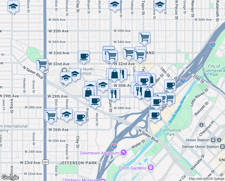 map of restaurants, bars, coffee shops, grocery stores, and more near 2925 Wyandot Street in Denver