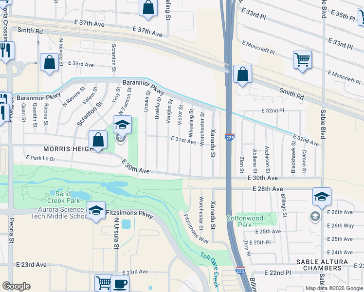 map of restaurants, bars, coffee shops, grocery stores, and more near 3078 Victor Street in Aurora