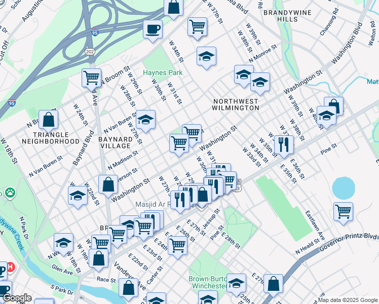 map of restaurants, bars, coffee shops, grocery stores, and more near in Wilmington