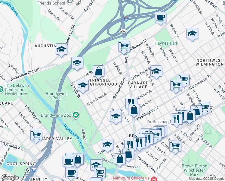map of restaurants, bars, coffee shops, grocery stores, and more near 601 West 22nd Street in Wilmington