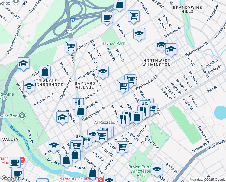 map of restaurants, bars, coffee shops, grocery stores, and more near 2801 North Jefferson Street in Wilmington