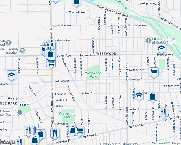 map of restaurants, bars, coffee shops, grocery stores, and more near 2805 Oakridge Drive in Dayton